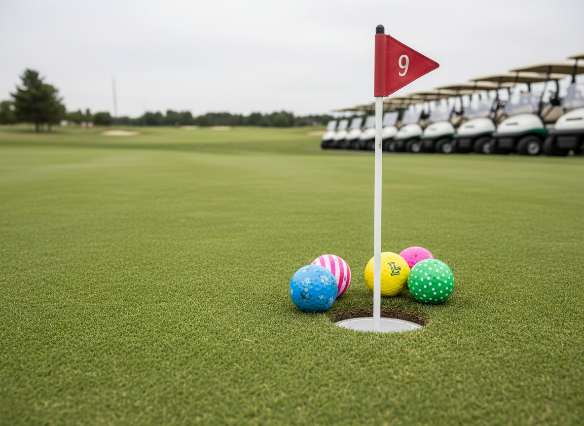 A pristine putting green setup for a friendly ladies’ nine-hole tournament, featuring several brightly colored golf balls clustered near the hole, each with unique markings to suggest different players. The short grass has a velvet-like texture, with a crisp white cup liner and a neatly positioned flagstick. In the midground, a row of neatly parked golf carts lines the edge of the green, and beyond, a manicured fairway stretches into soft focus. Soft overcast daylight creates even, diffused lighting with minimal shadows, emphasizing clarity and professionalism. Captured from a low, near-ground perspective, the composition highlights competition and focus while preserving a welcoming, community-centered atmosphere in photographic realism.