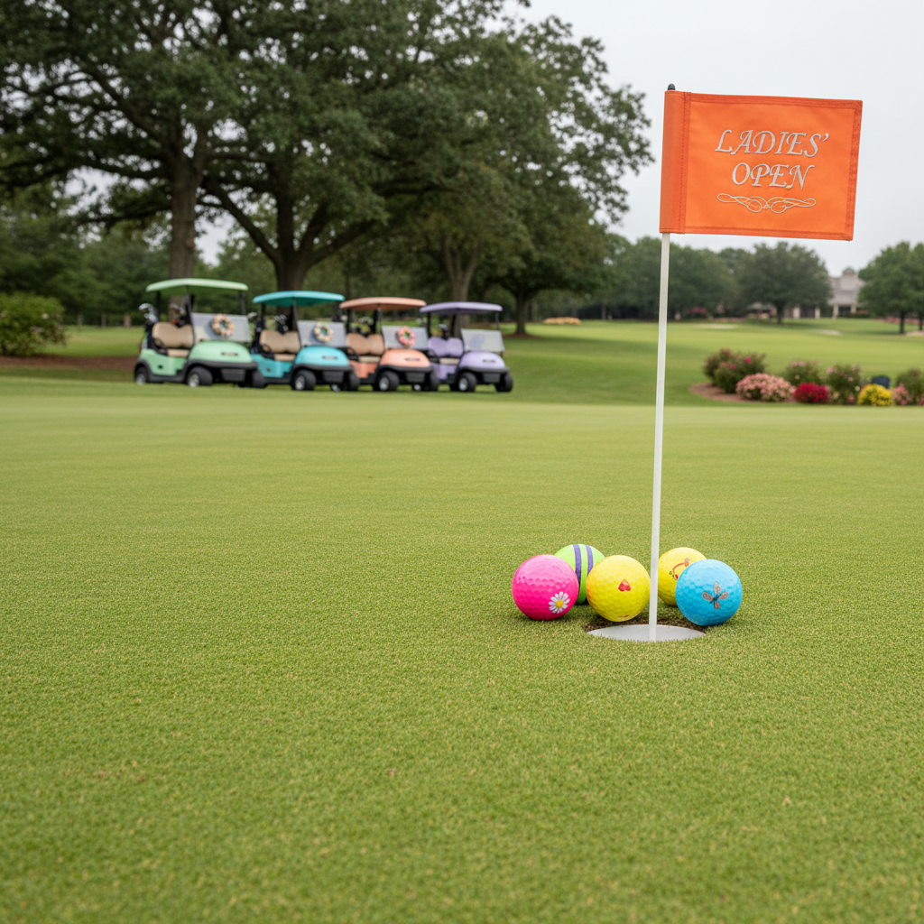 A pristine putting green setup for a friendly ladies’ nine-hole tournament, featuring several brightly colored golf balls clustered near the hole, each with unique markings to suggest different players. The short grass has a velvet-like texture, with a crisp white cup liner and a neatly positioned flagstick. In the midground, a row of neatly parked golf carts lines the edge of the green, and beyond, a manicured fairway stretches into soft focus. Soft overcast daylight creates even, diffused lighting with minimal shadows, emphasizing clarity and professionalism. Captured from a low, near-ground perspective, the composition highlights competition and focus while preserving a welcoming, community-centered atmosphere in photographic realism.