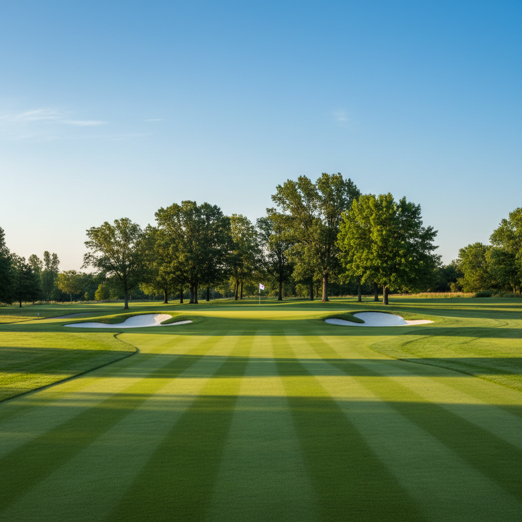 A meticulously maintained nine-hole golf course under a clear blue sky, with a gently curving fairway leading toward a well-guarded green framed by mature shade trees. The closely mown grass shows subtle striping, and a bright white flag flutters from the pin. Early morning natural light casts long, soft shadows across the fairway, emphasizing the gentle undulations of the terrain. The scene is photographed at eye level from the tee box, with crisp focus from foreground to horizon. The mood is calm, professional, and inviting, conveying a welcoming environment for organized ladies’ nine-hole play in a clean, photographic realism style.