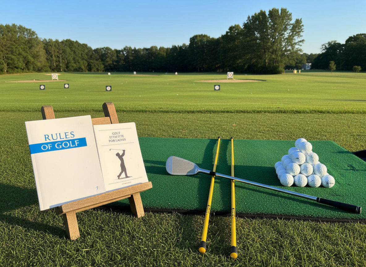 A teaching moment on a quiet practice tee illustrated through objects: an open rulebook and etiquette guide on a small wooden stand beside a tidy pyramid of range balls, a single club laid carefully across a hitting mat, and alignment sticks placed precisely on the turf to indicate stance and swing path. The driving range extends into the distance with targets at varying yardages and trees at the far edge. Late morning sunlight creates clean, directional light with gentle shadows from the stand and club. Shot from a three-quarter angle with moderate depth of field, the scene feels instructive, organized, and professional, visually representing the mission of helping ladies learn and relearn golf rules and etiquette.