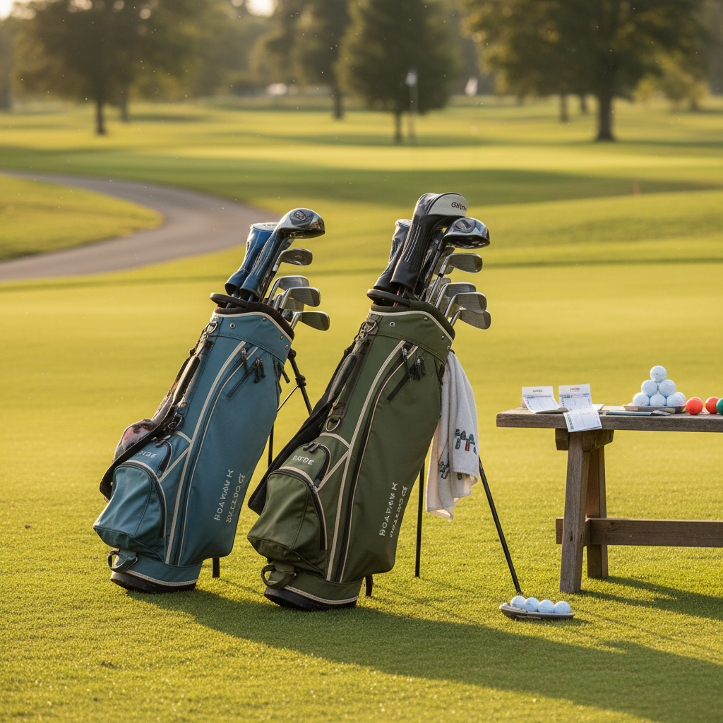 A pair of well-used women’s golf bags resting upright on a neatly trimmed practice green, each bag holding an orderly set of clubs with polished metal heads catching the late afternoon sun. Scorecards, ball markers, and neatly stacked practice balls sit on a small bench nearby. The background shows a blurred view of a nine-hole course, with cart path and distant green. Golden hour lighting adds a warm, professional glow, creating soft highlights on the bags’ fabric and gentle shadows in the grass. Shot from a slightly low angle with shallow depth of field, the composition suggests camaraderie and shared preparation for a ladies’ league round, in realistic photographic style.