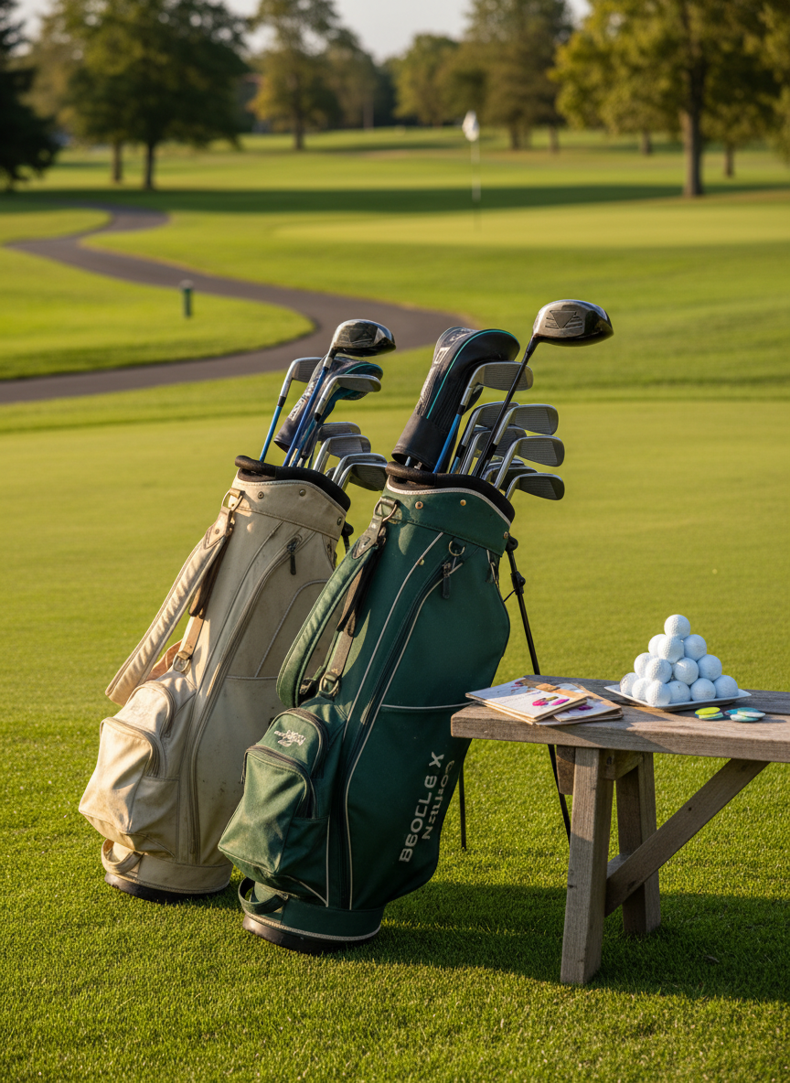 A pair of well-used women’s golf bags resting upright on a neatly trimmed practice green, each bag holding an orderly set of clubs with polished metal heads catching the late afternoon sun. Scorecards, ball markers, and neatly stacked practice balls sit on a small bench nearby. The background shows a blurred view of a nine-hole course, with cart path and distant green. Golden hour lighting adds a warm, professional glow, creating soft highlights on the bags’ fabric and gentle shadows in the grass. Shot from a slightly low angle with shallow depth of field, the composition suggests camaraderie and shared preparation for a ladies’ league round, in realistic photographic style.