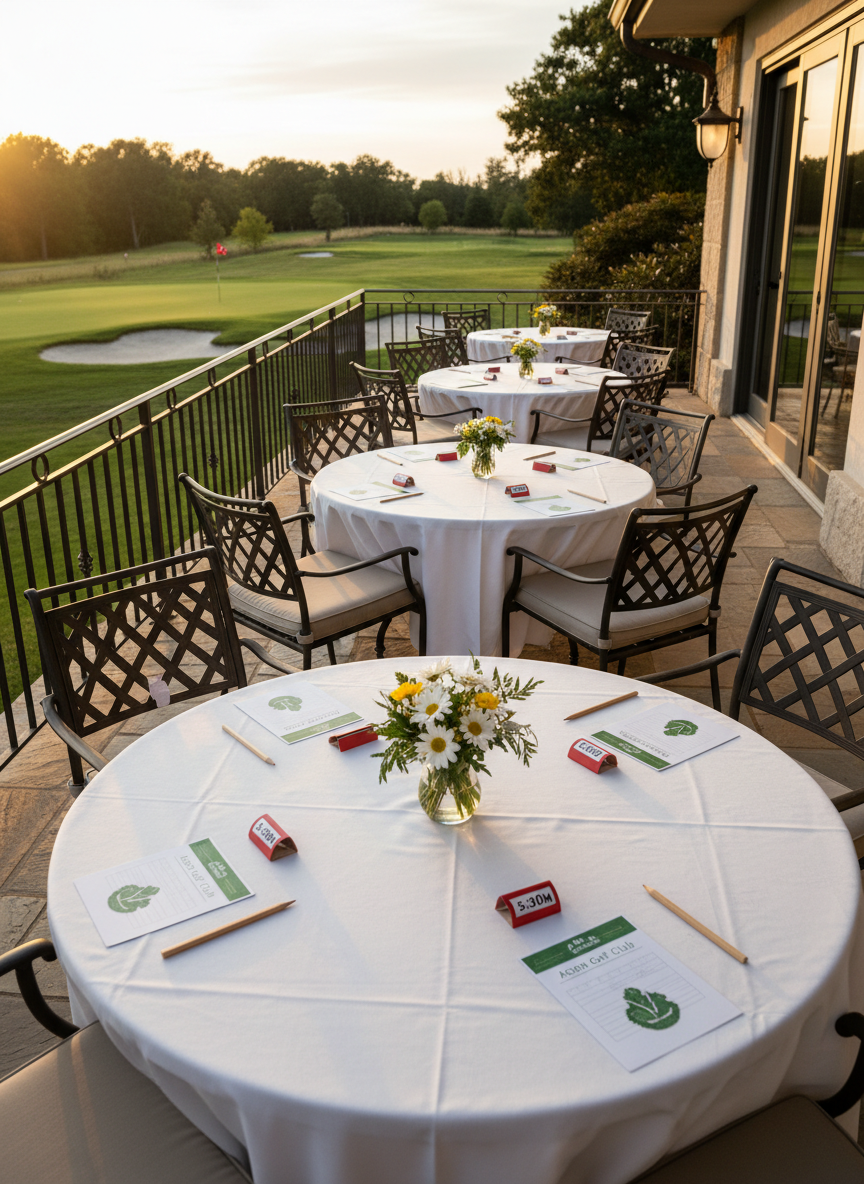 A welcoming clubhouse patio overlooking a nine-hole course, with several round tables neatly set with small vases of fresh flowers and stacked scorecards, pencils, and clip-on tee time tags arranged in the center. Beyond the railing, a green and its surrounding bunkers are clearly visible, with the flag gently moving in a light breeze. Warm, low-angle evening light bathes the scene, creating soft highlights on metal chair frames and subtle reflections on glass doors. Photographed from a slightly elevated corner angle, the composition leads the eye from the prepared tables out to the course, conveying post-round camaraderie, organized tournaments, and a professional yet friendly association in a realistic, clean photographic style.